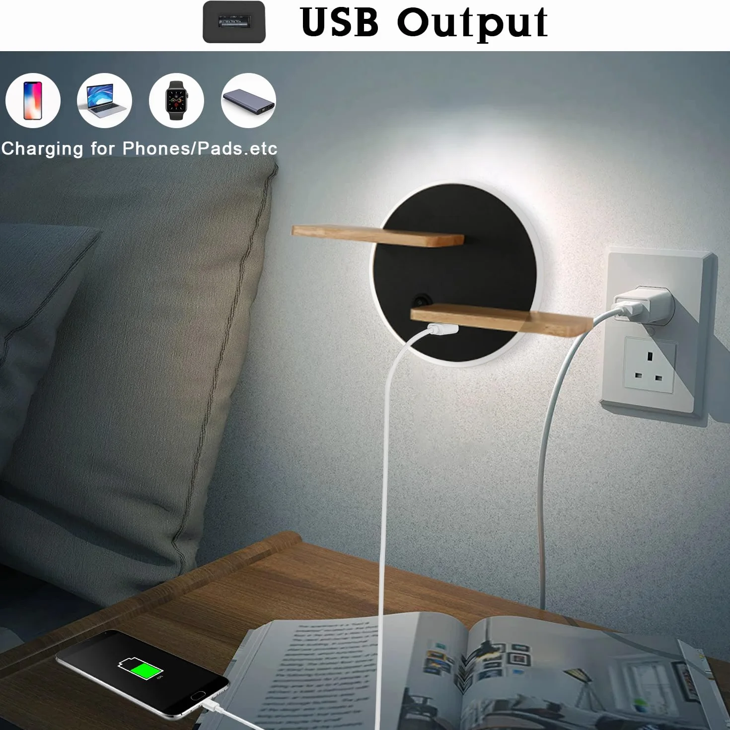 Kinkiety wewnętrzne LED z włącznikiem i przyłączem USB do ładowania, lampka nocna, 3 kolory, regulowana lampka do czytania dla dzieci, z drewnianym regałem, oświetlenie ścienne do salonu, sypialni