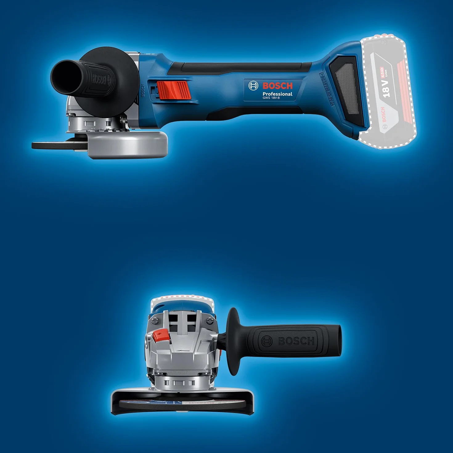 System profesjonalny 18 V firmy Bosch: akumulatorowa szlifierka kątowa GWS 18V-8 (Ø tarczy 115 mm)