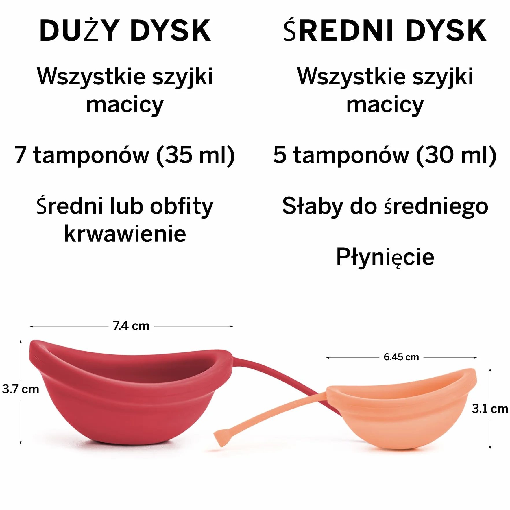 2 krążki menstruacyjne - bez metali i toksyn - 100% silikon klasy medycznej - 1 miejsce dla większości miękkich dysków wielokrotnego użytku - usuwa się jak tampon - zużycie 12 godzin - pojemność 3 i 6