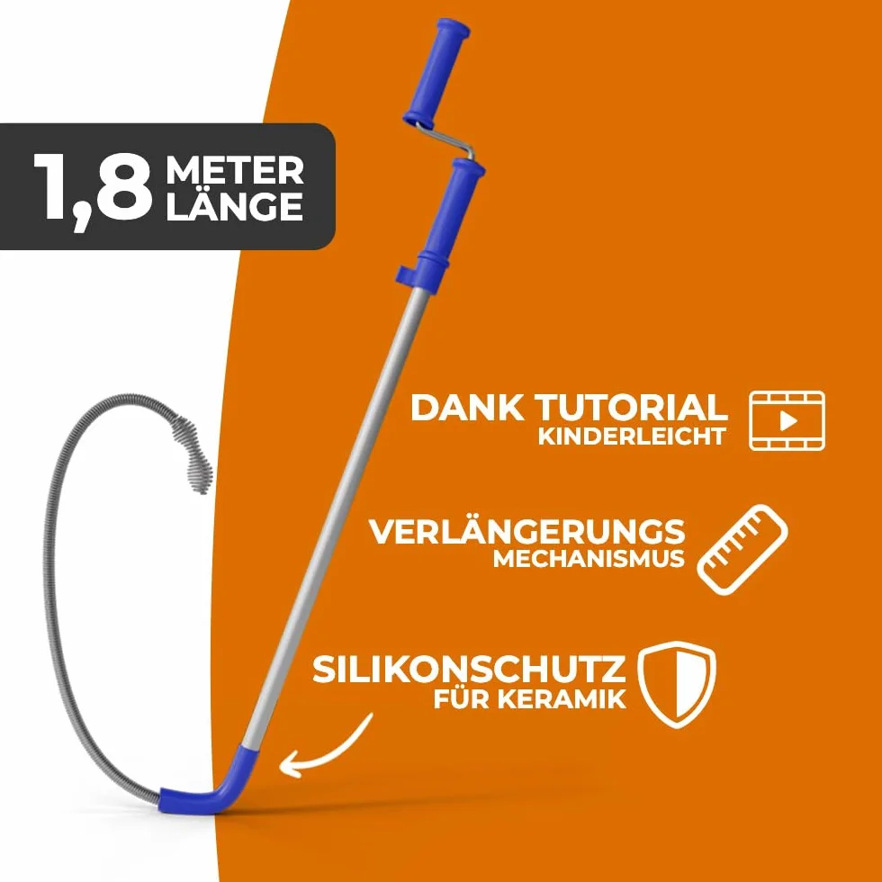 Meisterfaktur Spirala do czyszczenia rur do toalet [1,8 m] – spirala do ciężkich zatorów WC – dzięki silikonowej ochronie bez uszkodzeń – bezpieczne usuwanie zapchania toalet