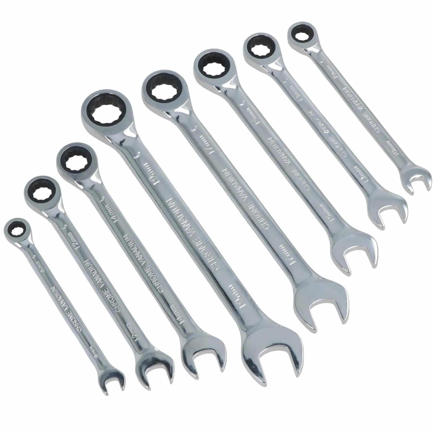 AB Tools Zestaw kluczy płasko-oczkowych metrycznych z grzechotką, 72 zęby, bi-sześciokątny, 8-19 mm, 8 szt