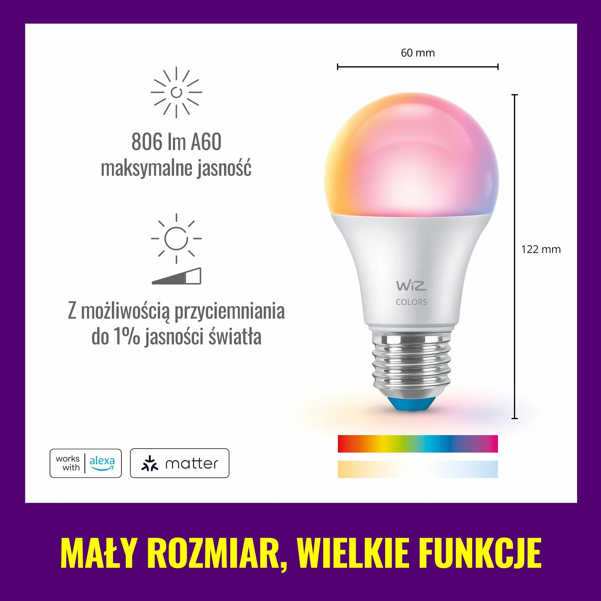 Żarówka WiZ Smart LED A60, kolor i regulowany odcień białego światła, trzonek E27, odpowiednik 60 W, 2200K–6500K, 806 lumenów, przyciemn, działa z Alexą, Google Assistant i Apple Home, op. 2 szt.