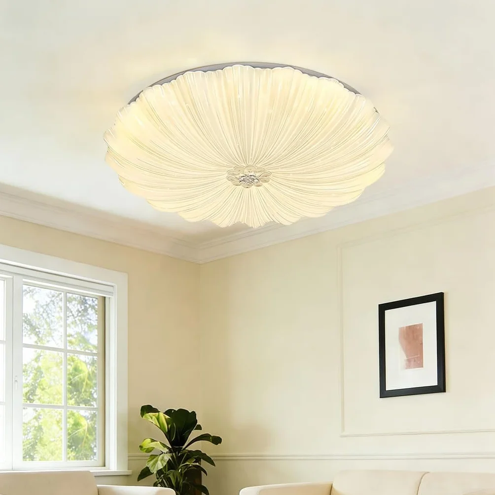 Lampa Sufitowa Z Teksturą Muszli Lampa Artystyczna Oświetlenie LED 3-kolorowe Ściemnialne Styl Kremowy Miękkie Światło Chroniące Oczy Idealne Dla Sypialni Salonu Korytarza Kuchni