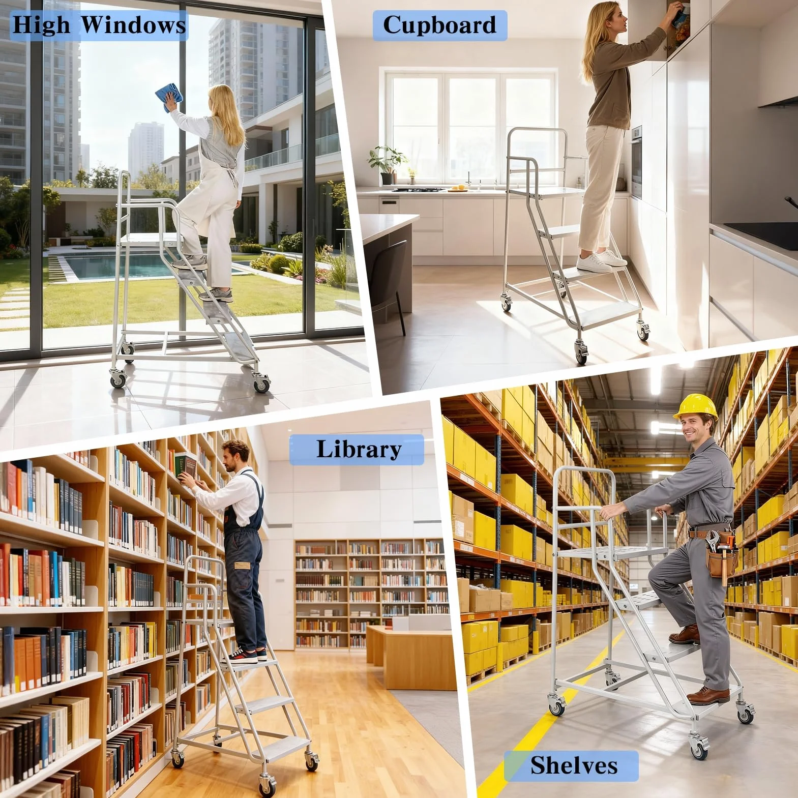 4-stopniowa drabina z kółkami i ochroną krawędzi schodów, nośność 399 kg, stalowa drabina bezpieczeństwa do magazynu, biblioteki, garażu, mobilnego stołka, szara