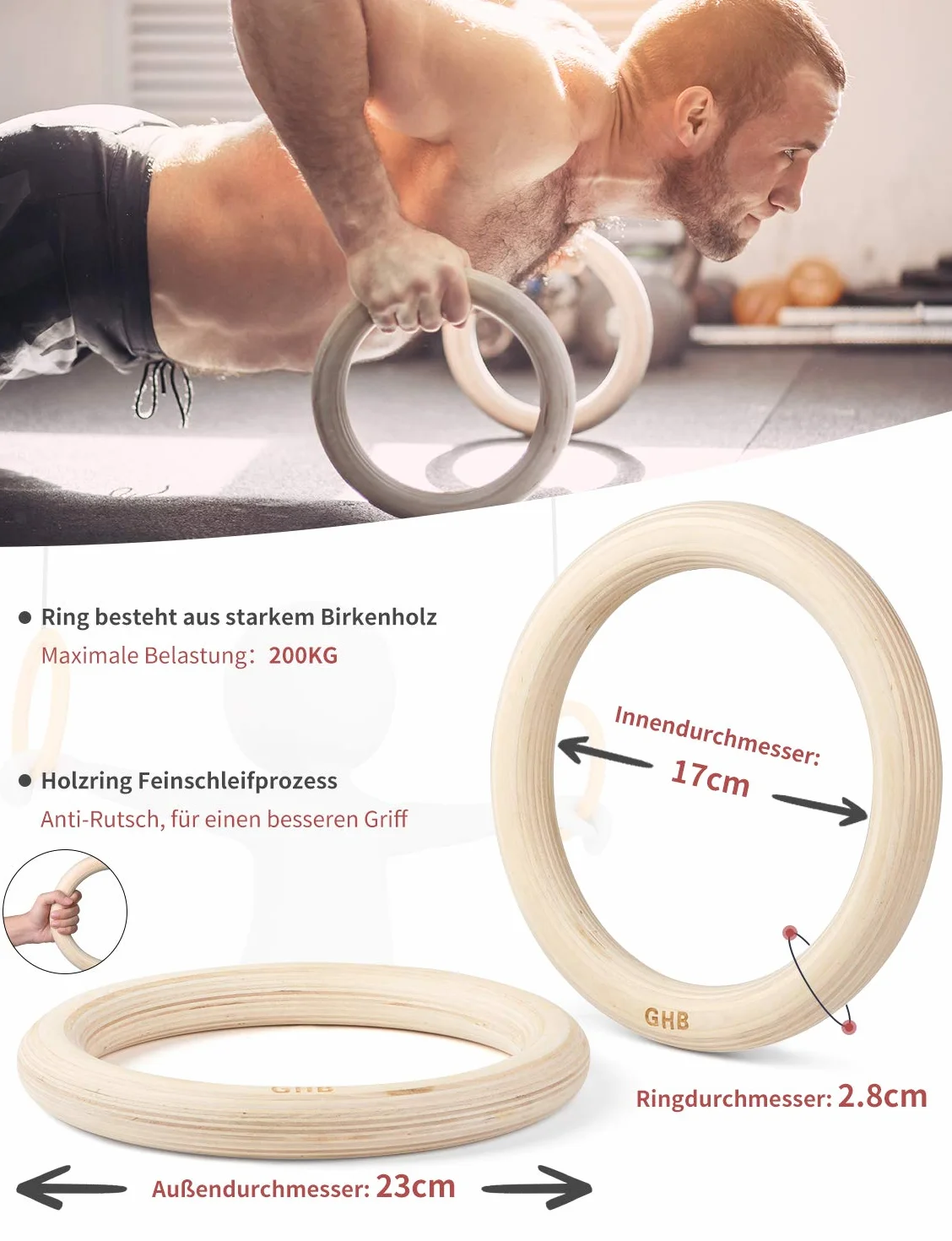GHB Drewniane pierścienie gimnastyczne z regulowanymi klamrami, do treningu fitness, 28 mm/32 mm
