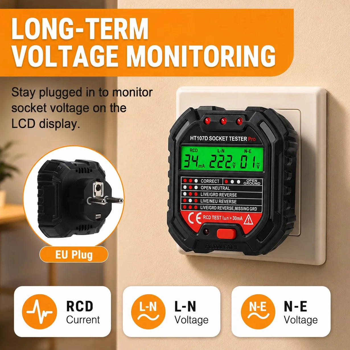 VOBOR Tester gniazd z kontrolką RCD i wyświetlaczem napięcia LCD, 6 rodzajów diagnostyki błędów, tester napięcia FI z wyświetlaczem kontrolnym 90-250 V/45-65 Hz, CAT ll 300 V