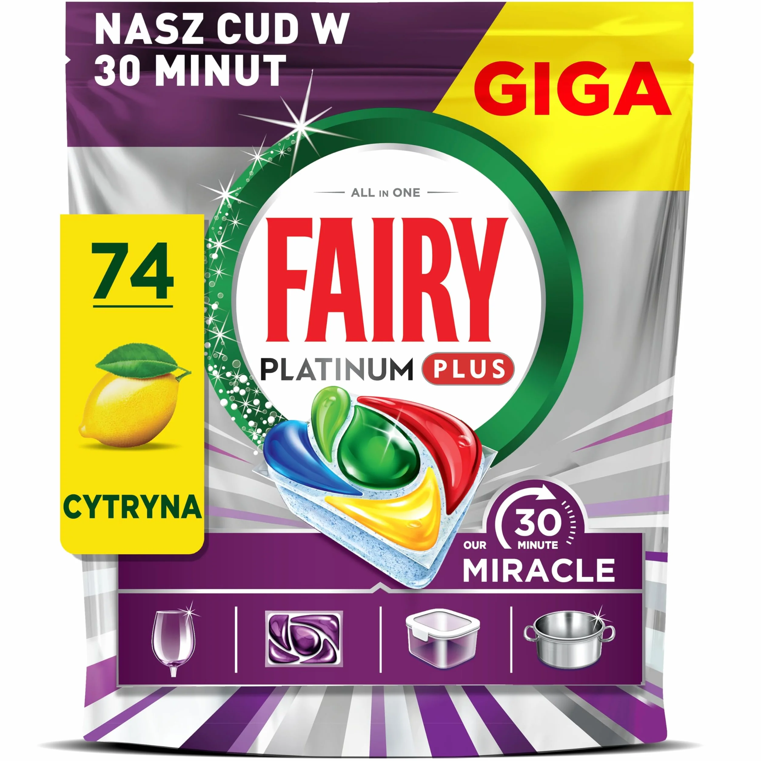 Fairy Our 30 Minute Miracle Platinum Plus Tabletki Do Zmywarki, Nasze Najlepsze Rozwiązanie Do Usuwania Uporczywych Resztek Jedzenia, Środek Czyszczący Do Zmywarki, 74 X