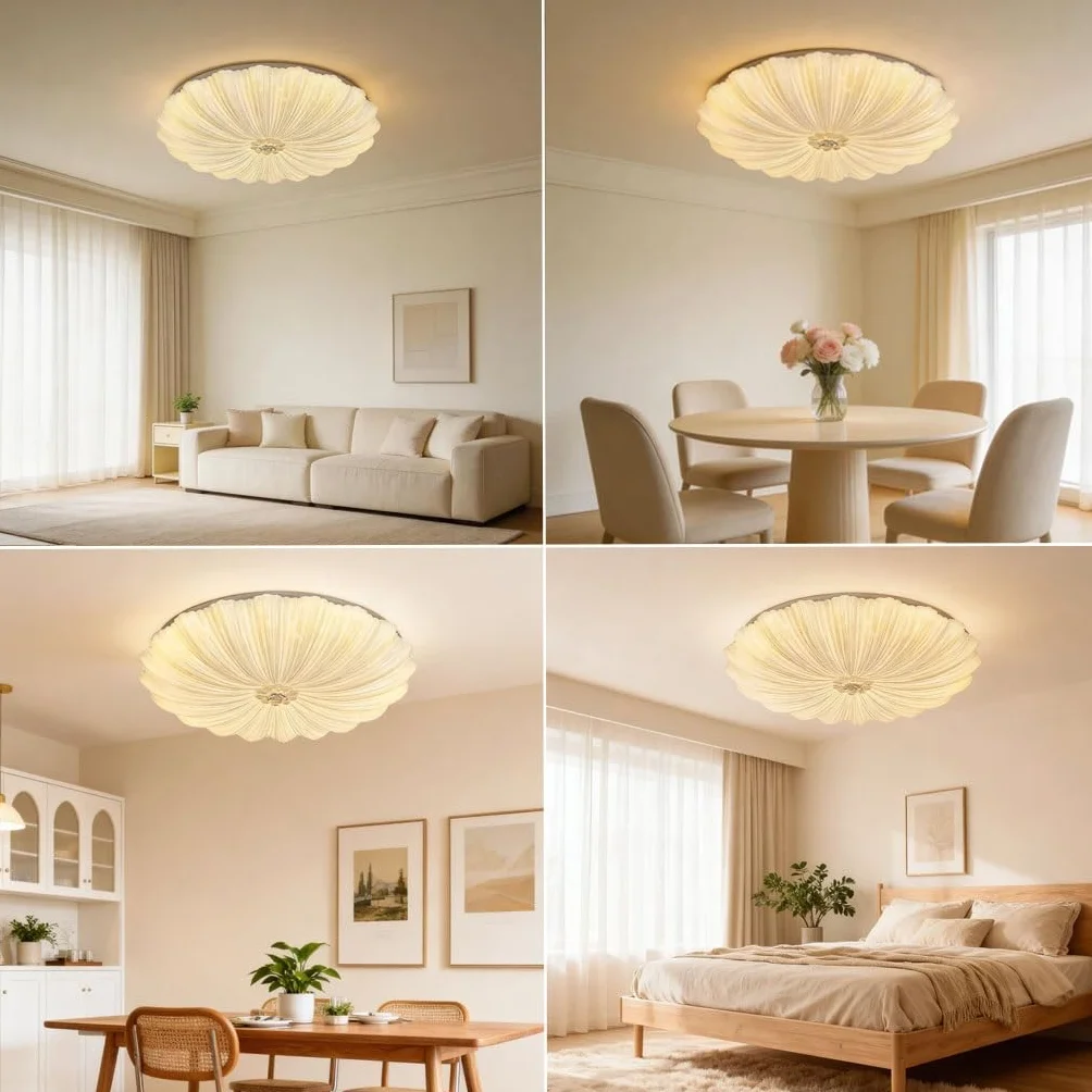 Lampa Sufitowa Z Teksturą Muszli Lampa Artystyczna Oświetlenie LED 3-kolorowe Ściemnialne Styl Kremowy Miękkie Światło Chroniące Oczy Idealne Dla Sypialni Salonu Korytarza Kuchni