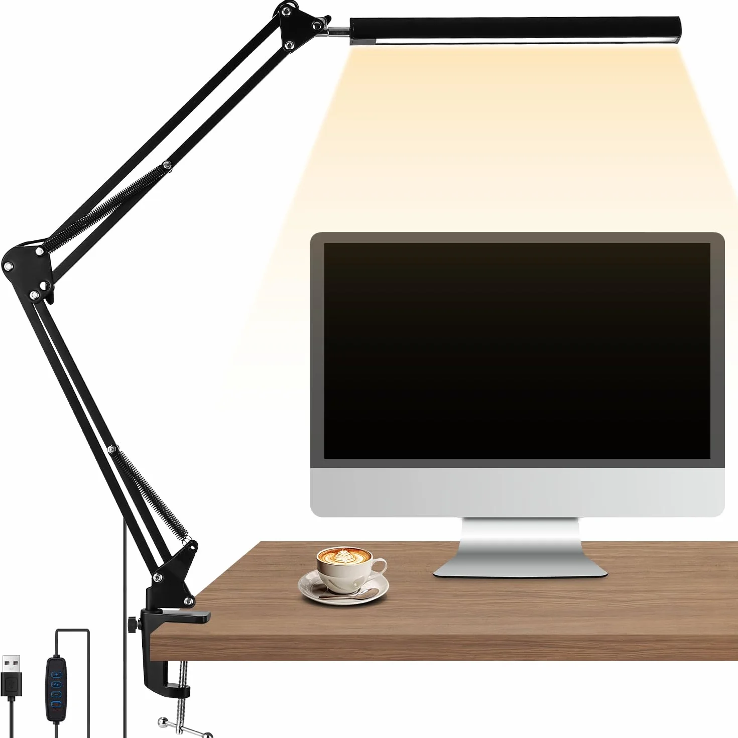 Lampa biurkowa LED Zaxiva z 3 temperaturami barwowymi, 10 poziomami jasności, regulowanym ramieniem i klipsem, idealna do czytania, pracy, nauki, makijażu oraz codziennego użytku w domu i biurze.