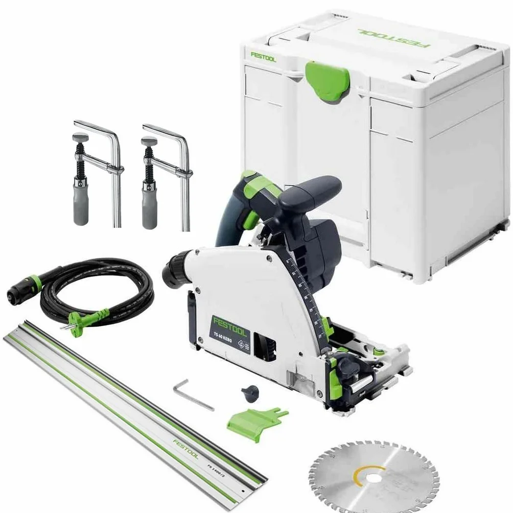 Festool TS 60 KEBQ Plus-FS zagłębiarka z prowadnicą – precyzyjna piła do czystego cięcia, KickbackStop, 1600 W, kąt ukośny, w zestawie akcesoria w systemie Systainer | W zestawie prowadnica FS 1400/2, Systainer, brzeszczot piły tarczowej i akcesoria - pre