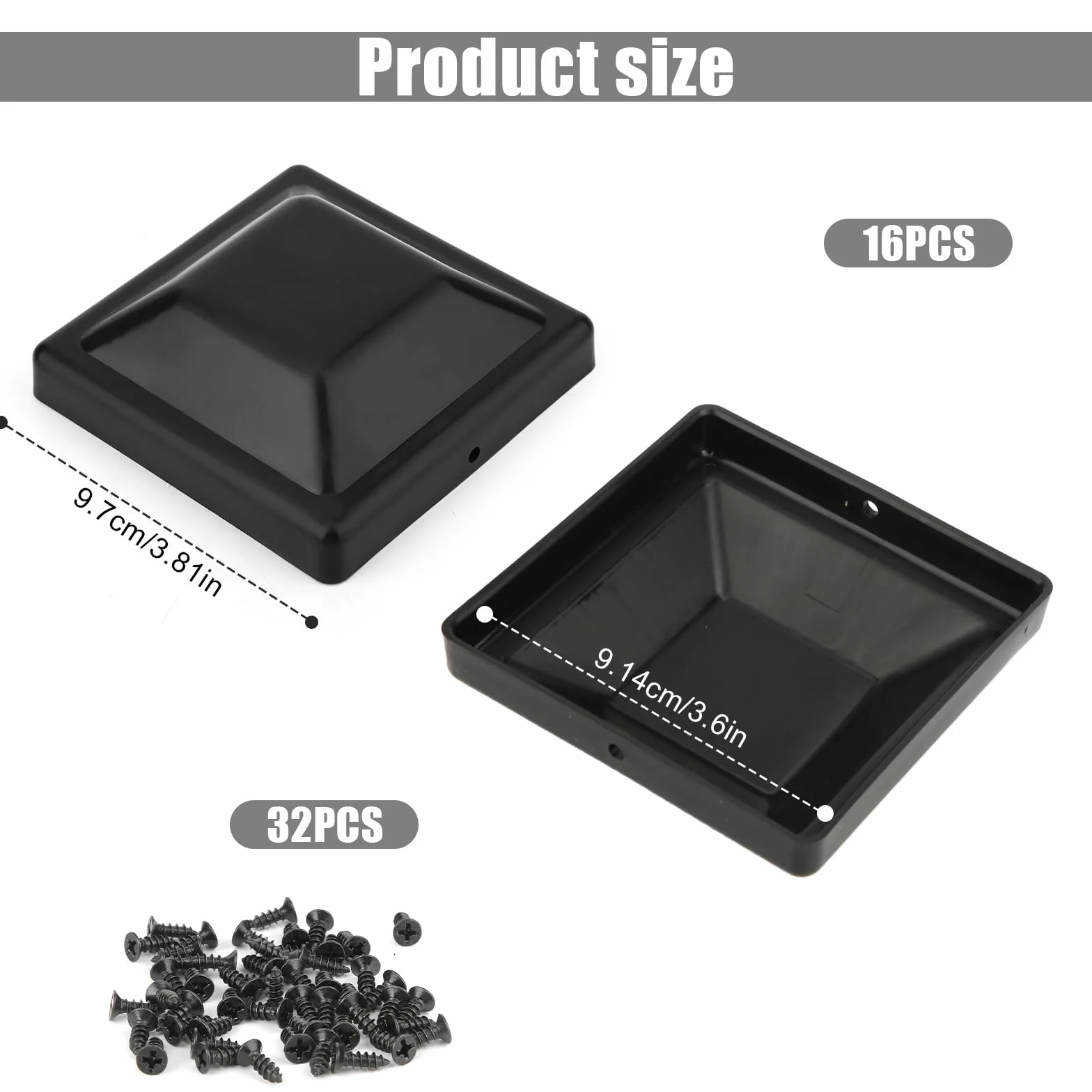 16szt Nakladki na Slupki Ogrodzeniowe, PP Nakladki na Slupki Ogrodzeniowe 9,1x9,1cm Wodoodporne Nakladki na Slupki Ogrodzeniowe z 32szt Srub do Pomostu Lub Ganku Slupka Ogrodzeniowego