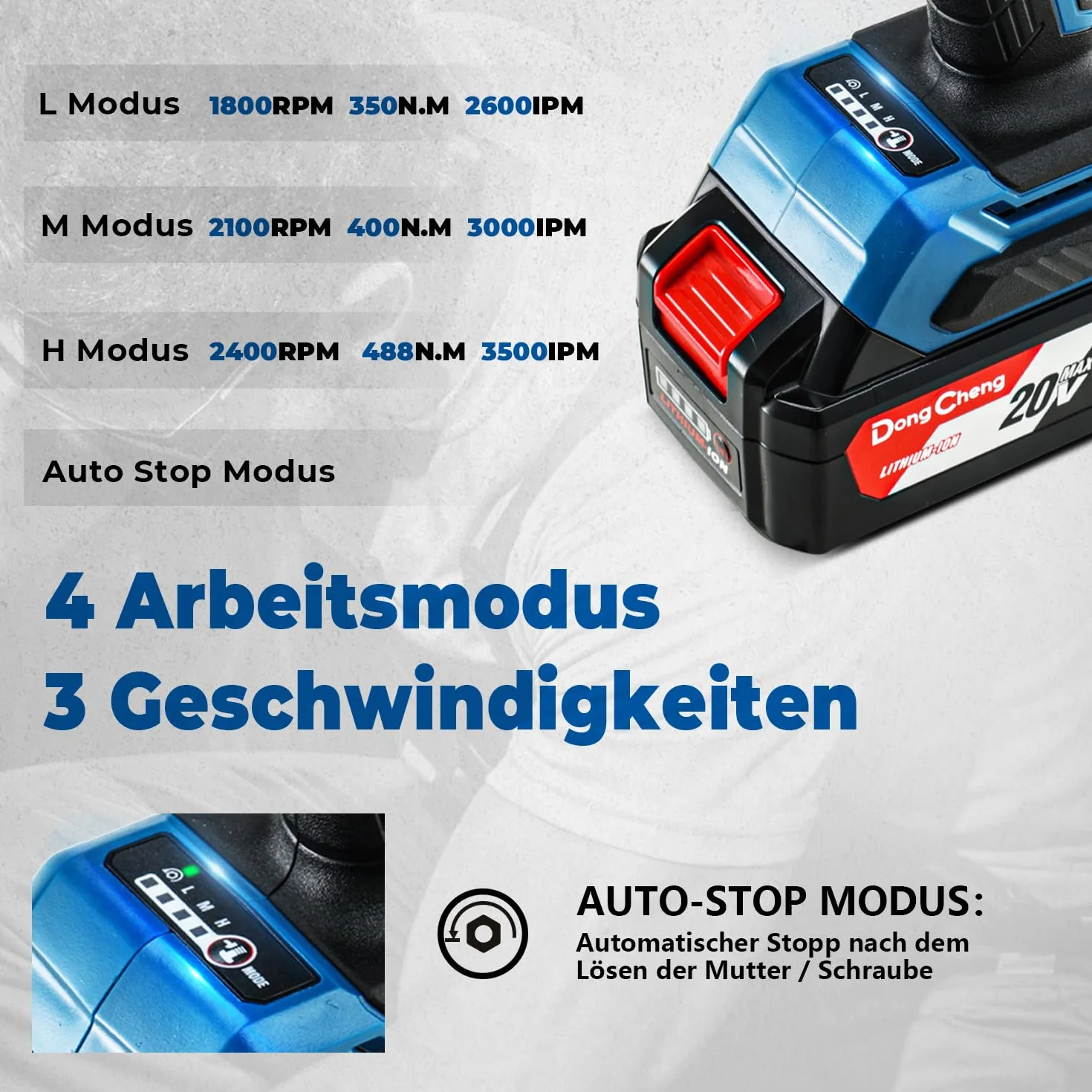 Dong Cheng Akumulatorowa wkrętarka udarowa 18 V, mocowanie 1/2", moment obrotowy 488 Nm, moment zwalniający 682 Nm, bezszczotkowa akumulatorowa wkrętarka udarowa, 3 poziomy mocy, w zestawie akumulator