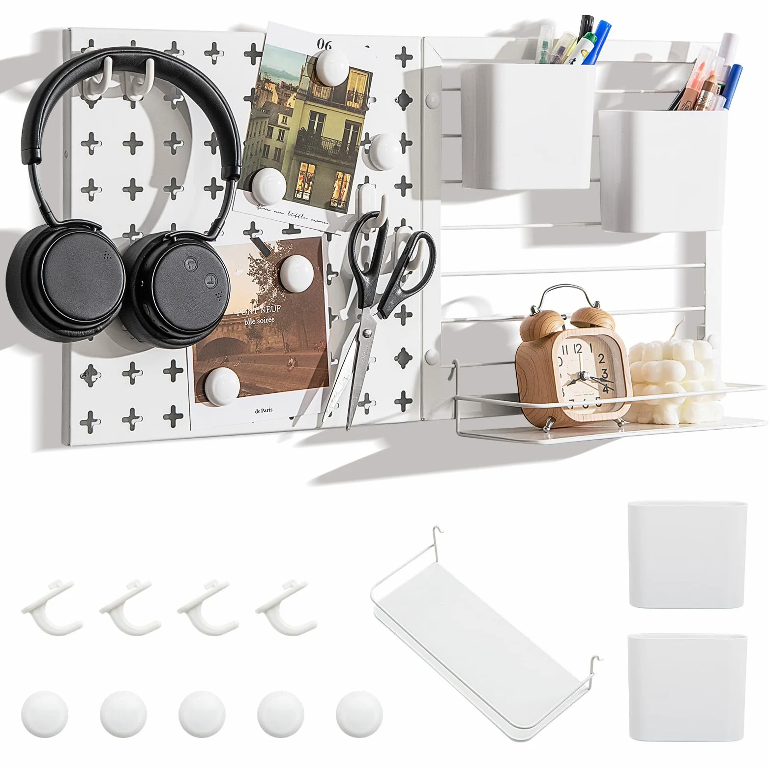 COSTWAY Ścianka narzędziowa, 61 x 30 cm z 2 pojemnikami do przechowywania, 1 regałem, 5 magnesami i 4 haczykami, tablica do montażu na ścianie, odporna na obciążenie do 30 kg, płyta perforowana do