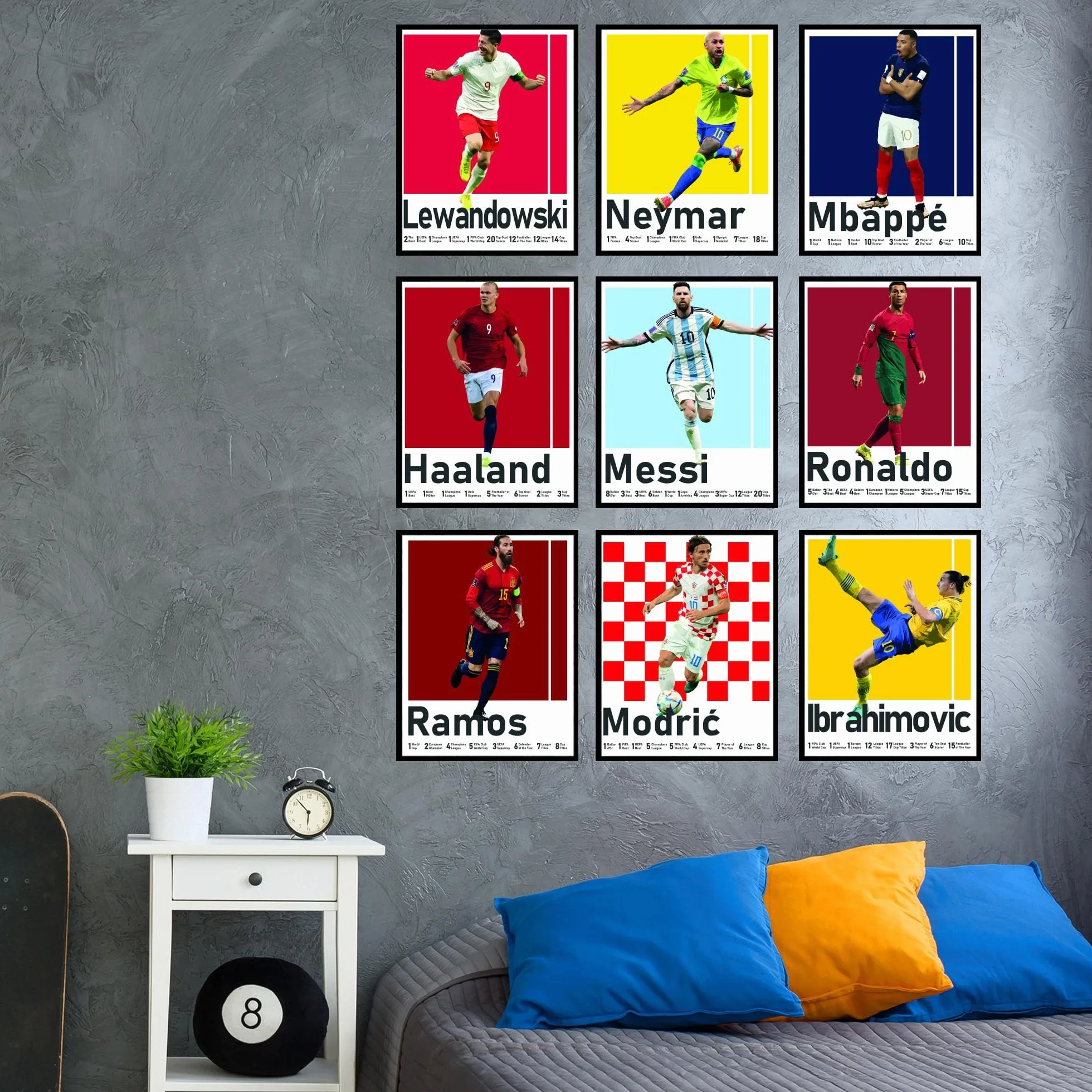 BigWig Prints Plakaty piłkarskie - dekoracja sypialni piłkarskiej dla chłopców, plakat piłkarski Messi, dekoracja pokoju piłkarskiego dla chłopców, plakat Ronaldo i Messi, plakaty Messi do sypialni