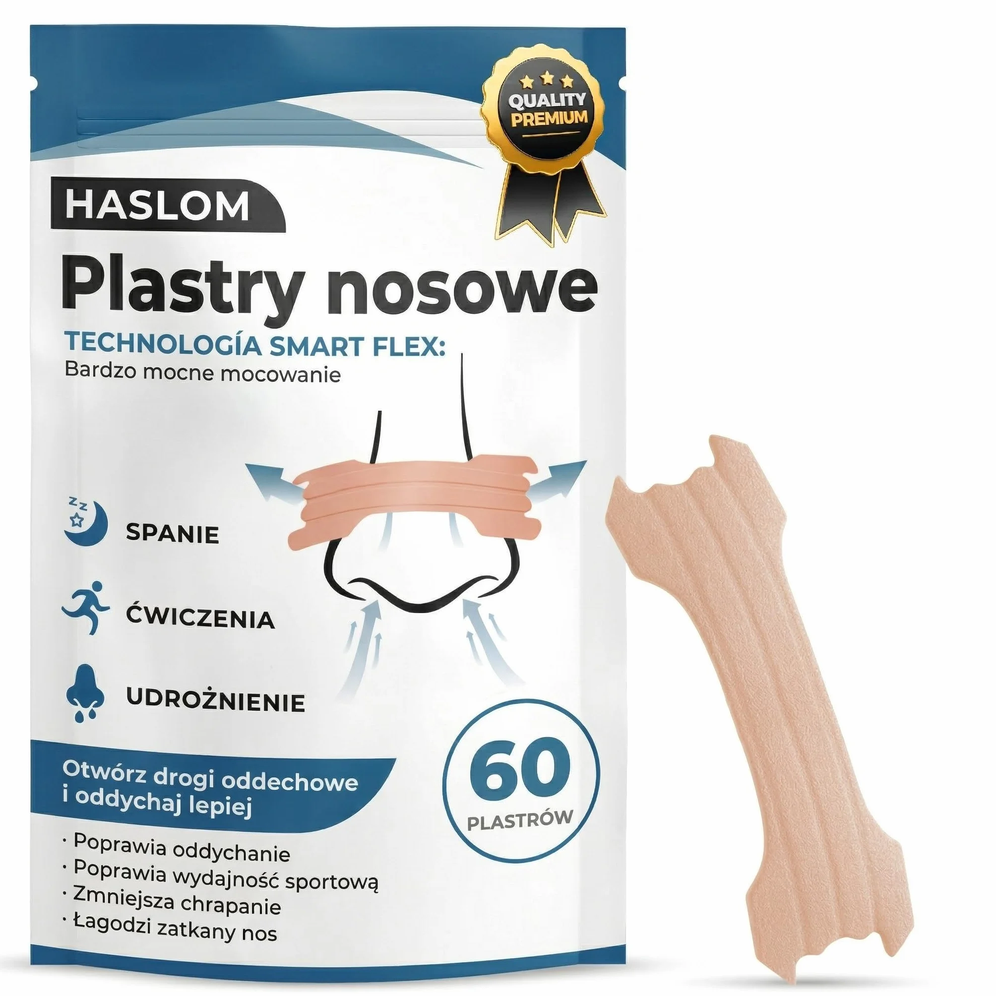 Plastry na Nos Oddychanie Chrapanie - HASLOM - Antysnorowe Plastry Nosowe Kobiety Mężczyźni Maksymalna Przyczepność Taśma na Usta Sen - 60 Rozm. Uniwersalny 2 miesiące