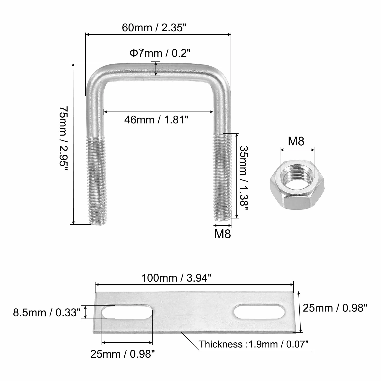 PATIKIL Zestaw kwadratowych śrub w kształcie litery U M8x45x75 mm, 2 sztuki 304 śruby U ze stali nierdzewnej z płytami mocującymi i nakrętkami do nart łodzi przyczepy