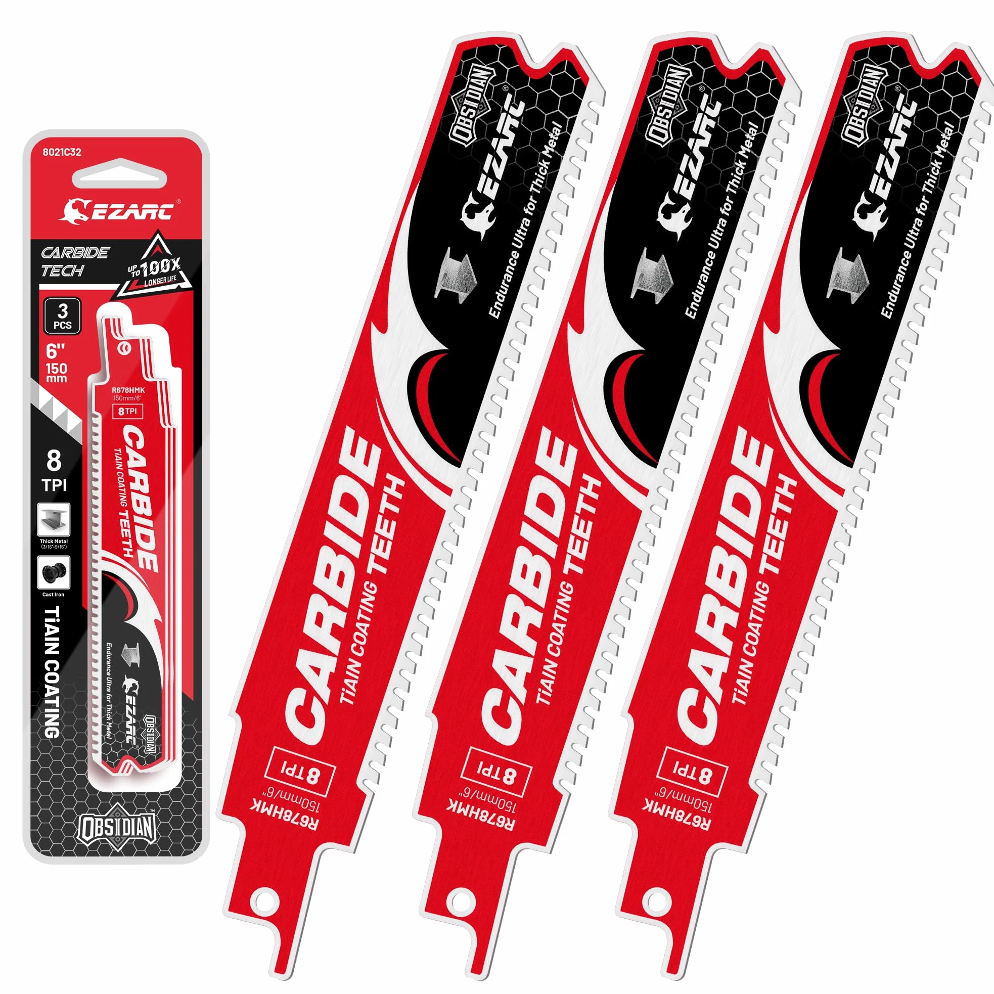 EZARC Ostrze Reciprosaag z węglika obsydianu (Pro) R678HMK 8TPI Endurance Ultra do grubego metalu, żeliwo, stal stopowa 15,2 cm (6 cali), 3-pak