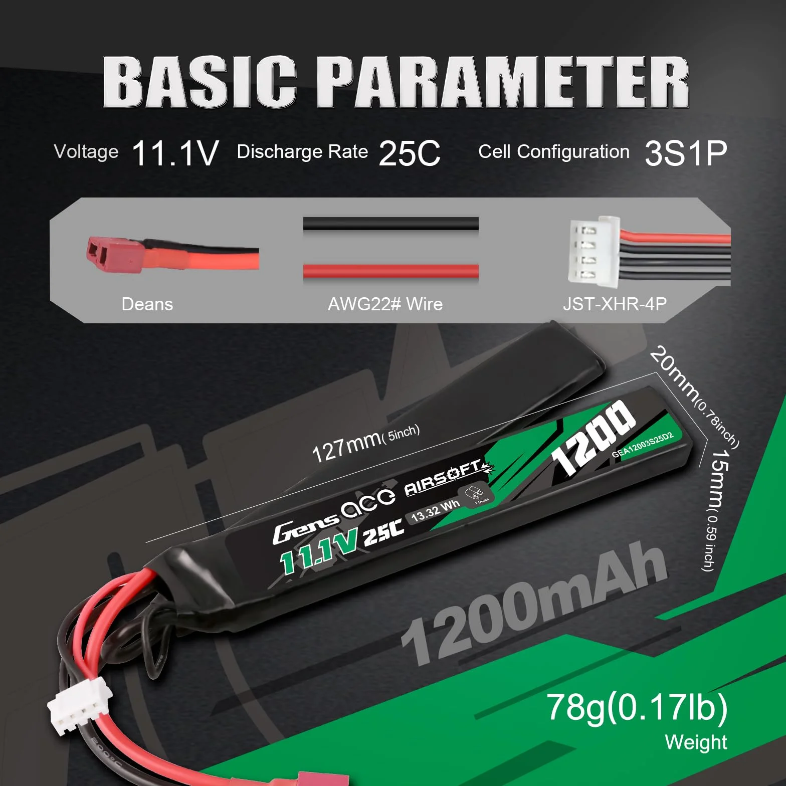 Gens Ace 3S 11,1 V 1200 mAh 25C akumulator LiPo 2-drożny split z wtyczką T Deans do standardowych replik Airsoft/AEG