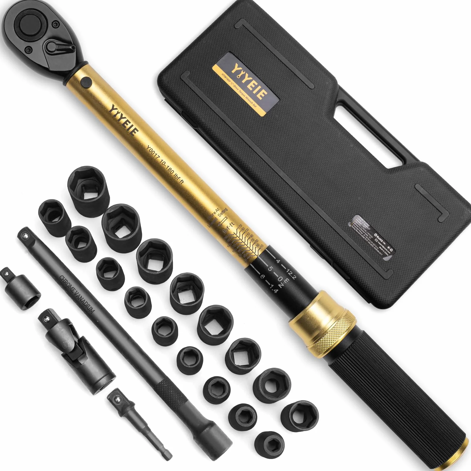 YIYEIE Zestaw 22 kluczy dynamometrycznych 1/2", 10-227 Nm, klucz dynamometryczny z nasadkami i adapterami, mikro 0,3 m, grzechotka 72 zębami, głowica szybkomocująca, narzędzie do momentu obrotowego