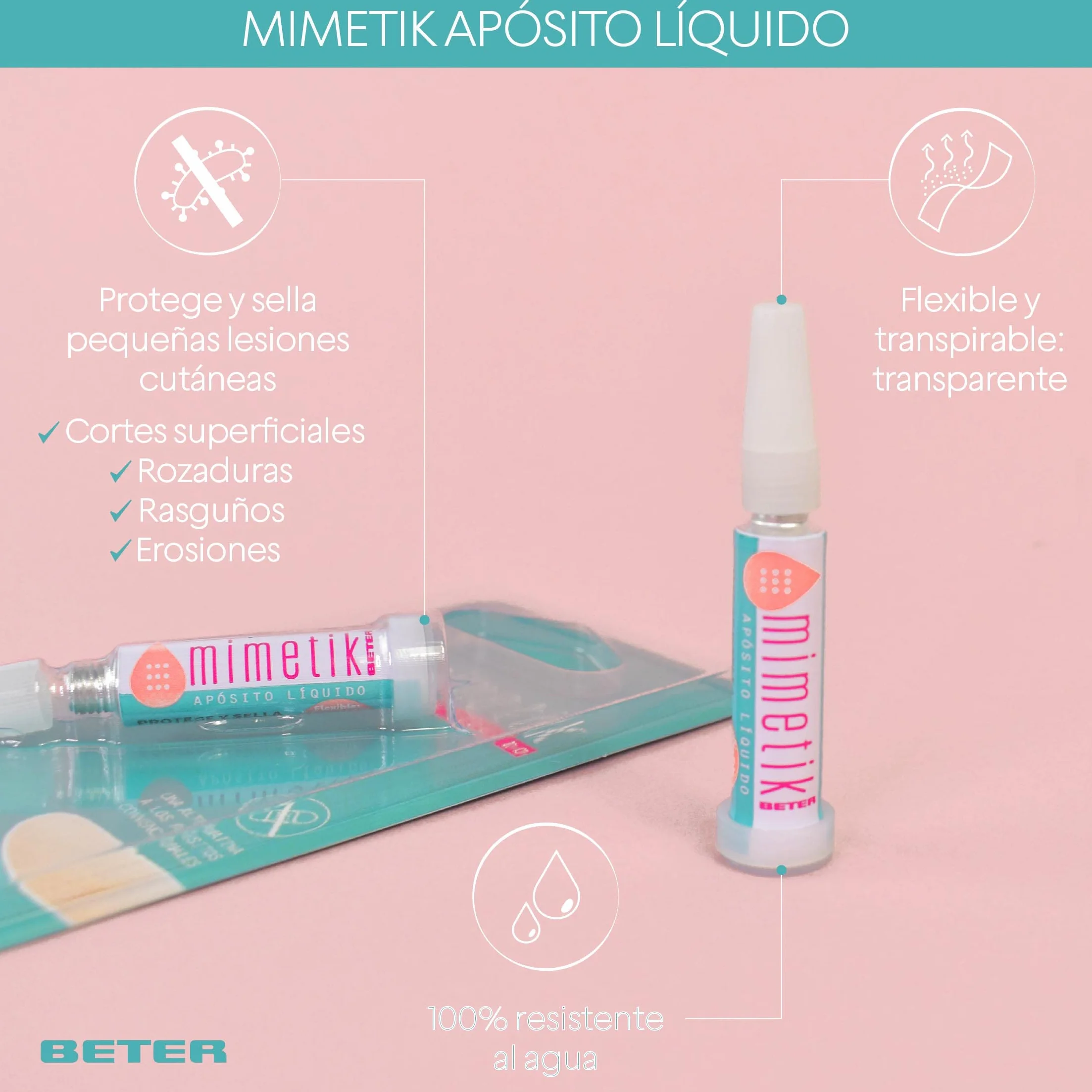 Beter - Mimetik Liquid Transparent Band-Aid – tworzy elastyczną, oddychającą i w 100% wodoodporną warstwę ochronną, która uszczelnia dany obszar i tworzy "drugą skórę".