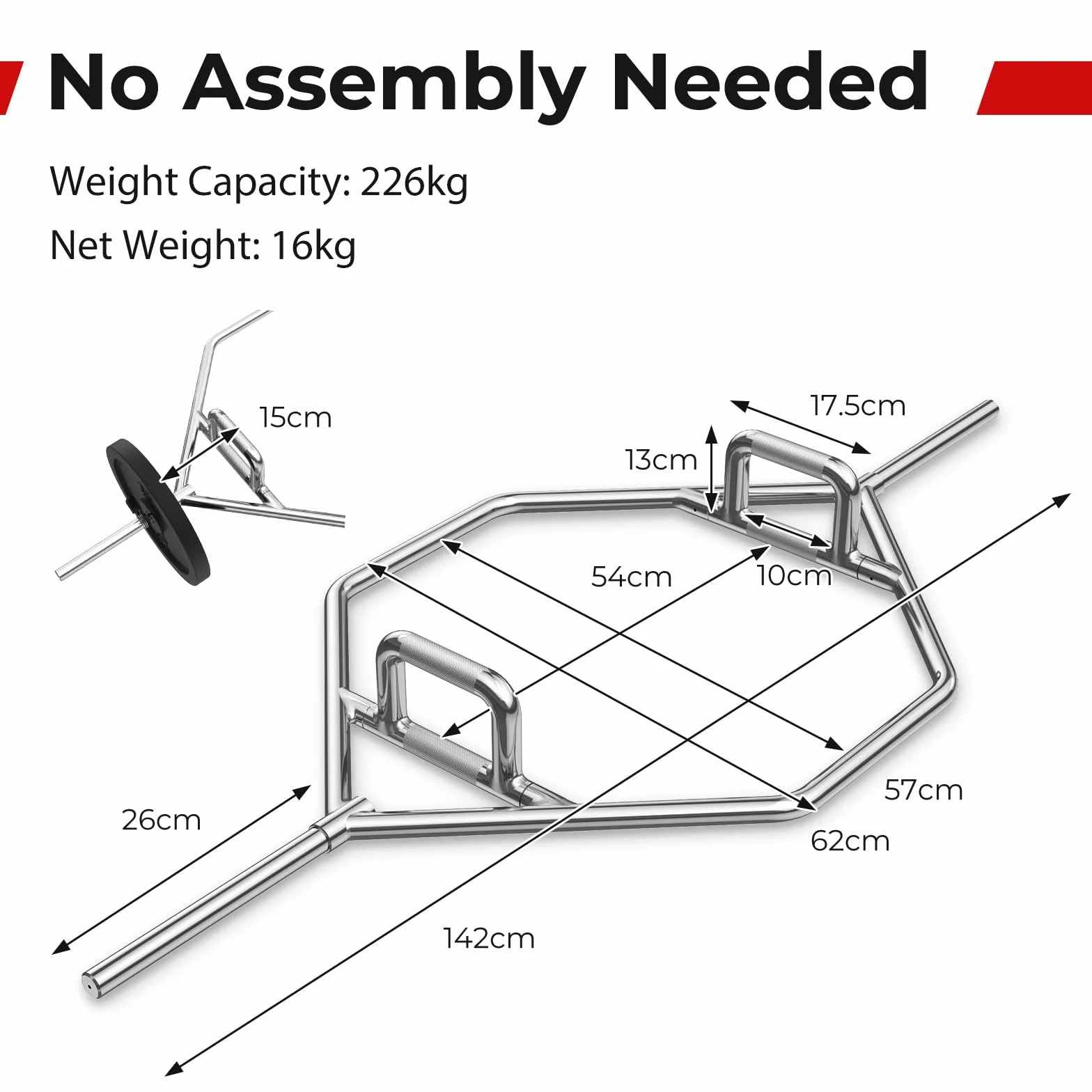 KOMFOTTEU Trap Bar, sztanga do hantli 142 cm ze składanym uchwytem, sześciokątny drążek ze stali z zamknięciem sprężynowym, drążek sześciokątny do 226 kg, do przysiadów, martwego ciągu (srebrny)