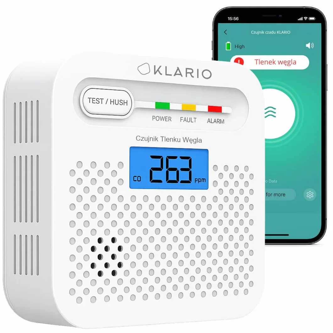 Klario Czujnik Czadu CO WiFi Tuya SmartLife Detektor Tlenku Węgla 85 dB LCD Bateria 10 lat EN50291