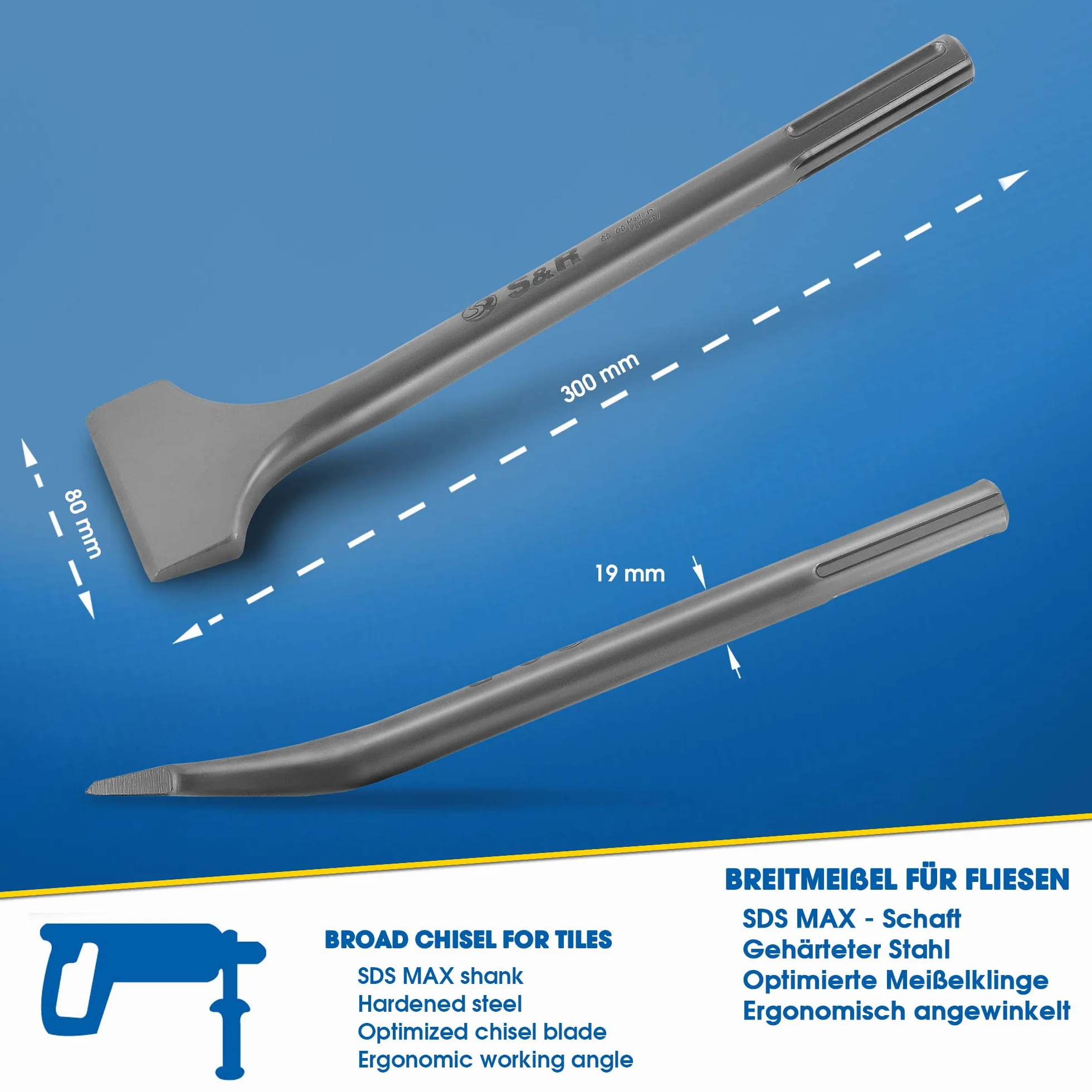 S&R Wysokowydajny dłuto do płytek SDS-MAX trzonek 300 x 80 mm zakrzywiony, jakość przemysłowa Made in Germany, specjalnie hartowane, zoptymalizowana geometria dłut, do mocowania SDS-MAX
