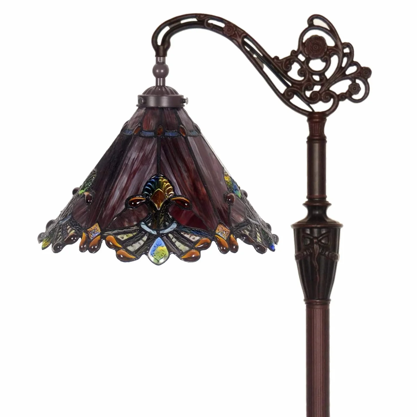 Bieye L30681 Barokowa lampa podłogowa do czytania w stylu Tiffany z witrażem i 13-calowym ręcznie wykonanym kloszem, ciemnobrązowa metalowa podstawa, 65" wysokości