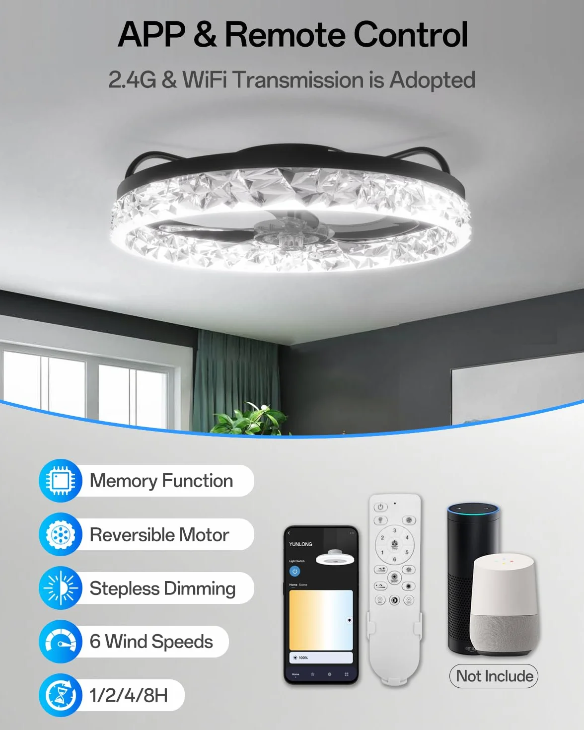 Inteligentna lampa sufitowa z wentylatorem WiFi, kompatybilna z Alexą i Google, possibility of dimming, 5 odwracalnych łopatek, czarna