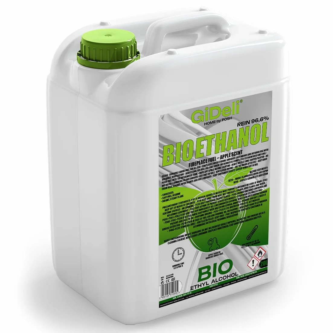 GiDeli bioetanol 20 l zapach jabłkowy 96,6% etanol do kominków wewnętrznych i zewnętrznych bez dymu i sadzy – z kukurydzy i buraków cukrowych