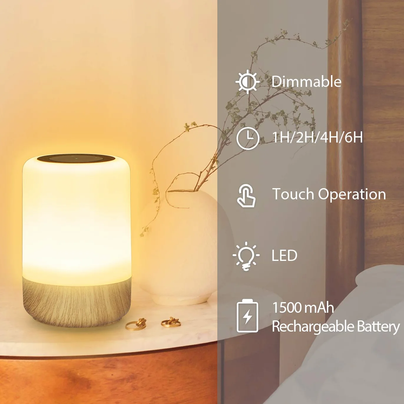 Lampka nocna LED, dotykowa, ściemniana, lampa stołowa, zasilana bateriami, 8 kolorów i 3 tryby, słoje drewna, lampka nocna, ładowanie przez USB, funkcja timera, do sypialni, salonu