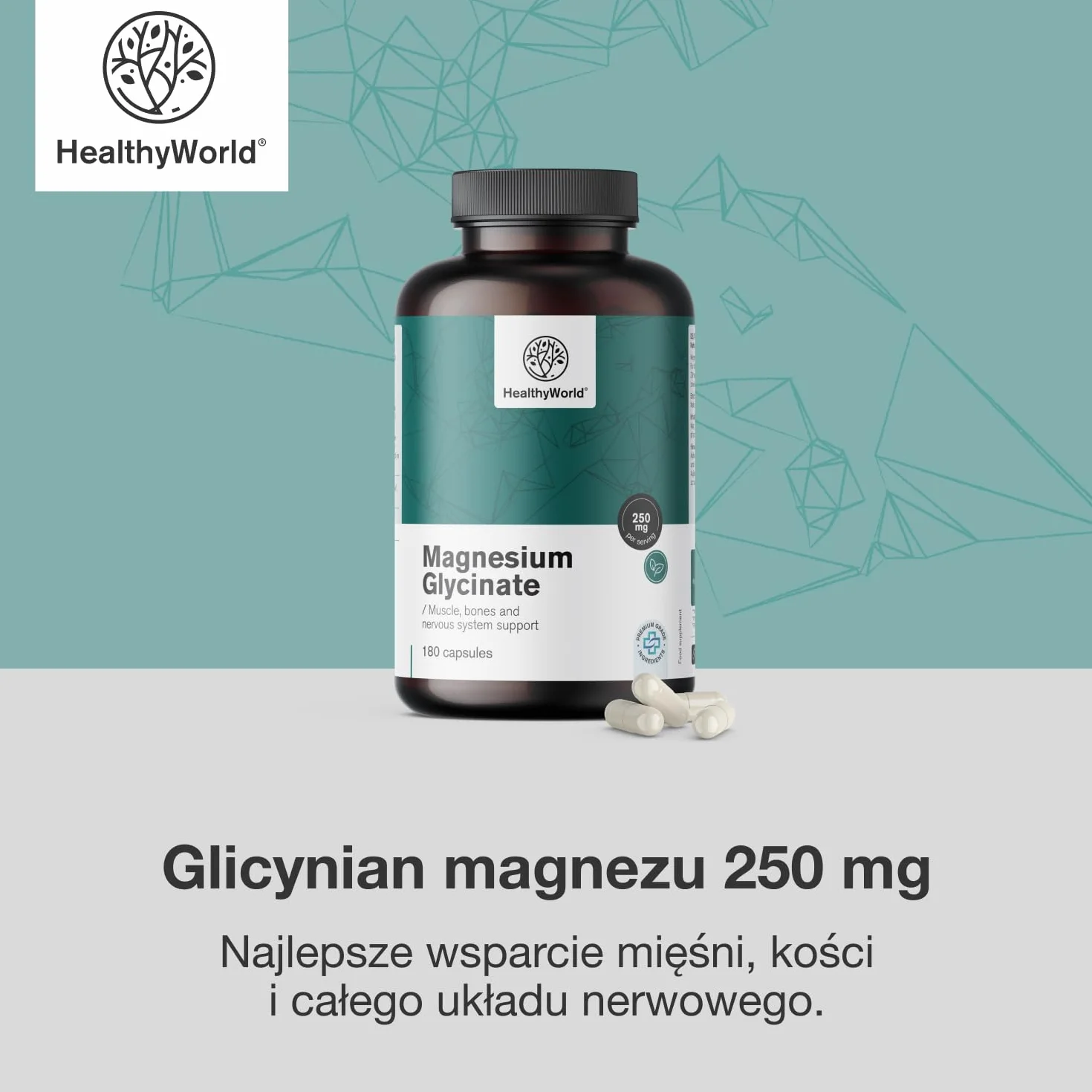 HealthyWorld Glicynian magnezu 250 mg - 180 kapsułek roślinnych - Na wzrost energii i wsparcie mięśni - Trening, kondycja i układ odpornościowy - 125 mg magnezu na kapsułkę - zapas na 3 miesiące