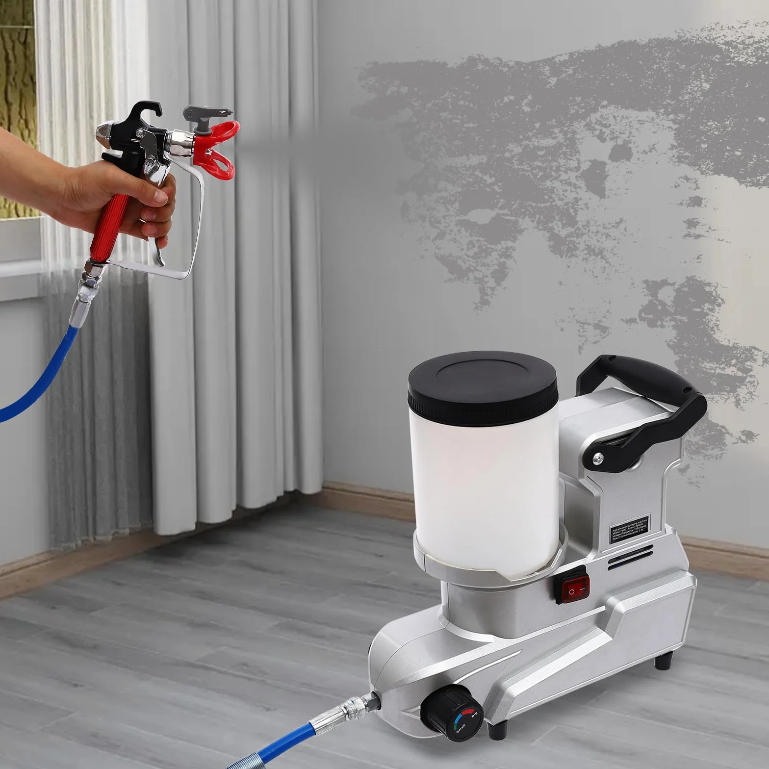 Wysokociśnieniowy bezpowietrzny opryskiwacz 1600 W bezpowietrzny opryskiwacz do farb 720 oz/min z lejkiem 0,66 galonów, elektryczny opryskiwacz z regulowanym ciśnieniem do zastosowań