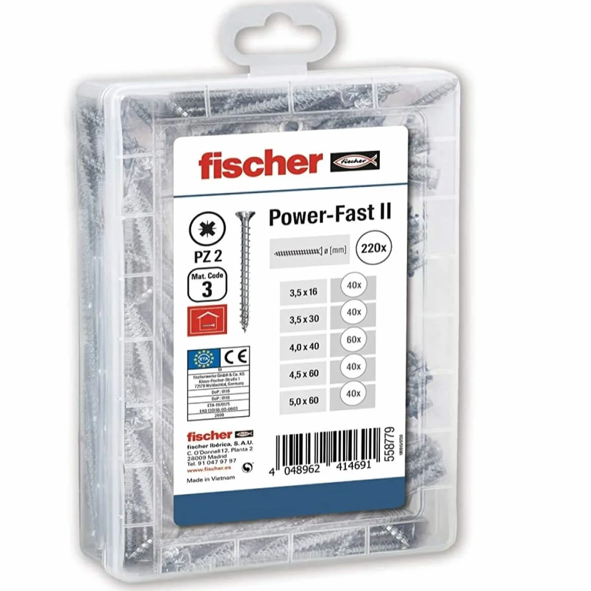 fishcer Maletín MEISTERBOX Mister Box 558779 śruby FPFII, 220 sztuk FISCHER, szary, Con Tornillo