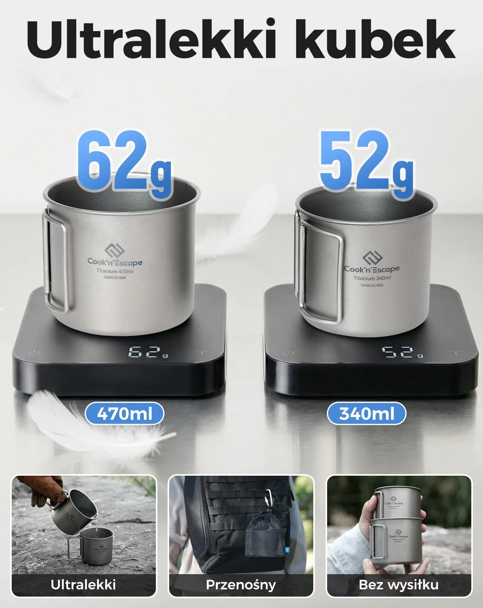 COOK'N'ESCAPE Tytanowe kubki kempingowe, zestaw 2 szt., 340 ml + 470 ml, lekkie i przenośne, odporne na ciepło, ze składanym uchwytem, idealne na kemping, wędrówki, podgrzewanie wody i parzenia kawy