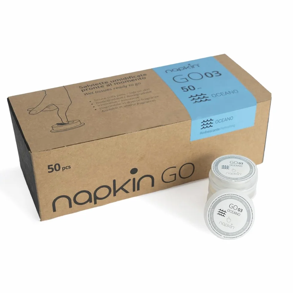 Napkin Go, chusteczki nawilżane w formacie kieszonkowym, bez plastiku, kapsułki o zapachu oceanu, odpowiednie do skóry wrażliwej firmy Napkin Go, 50 sztuk