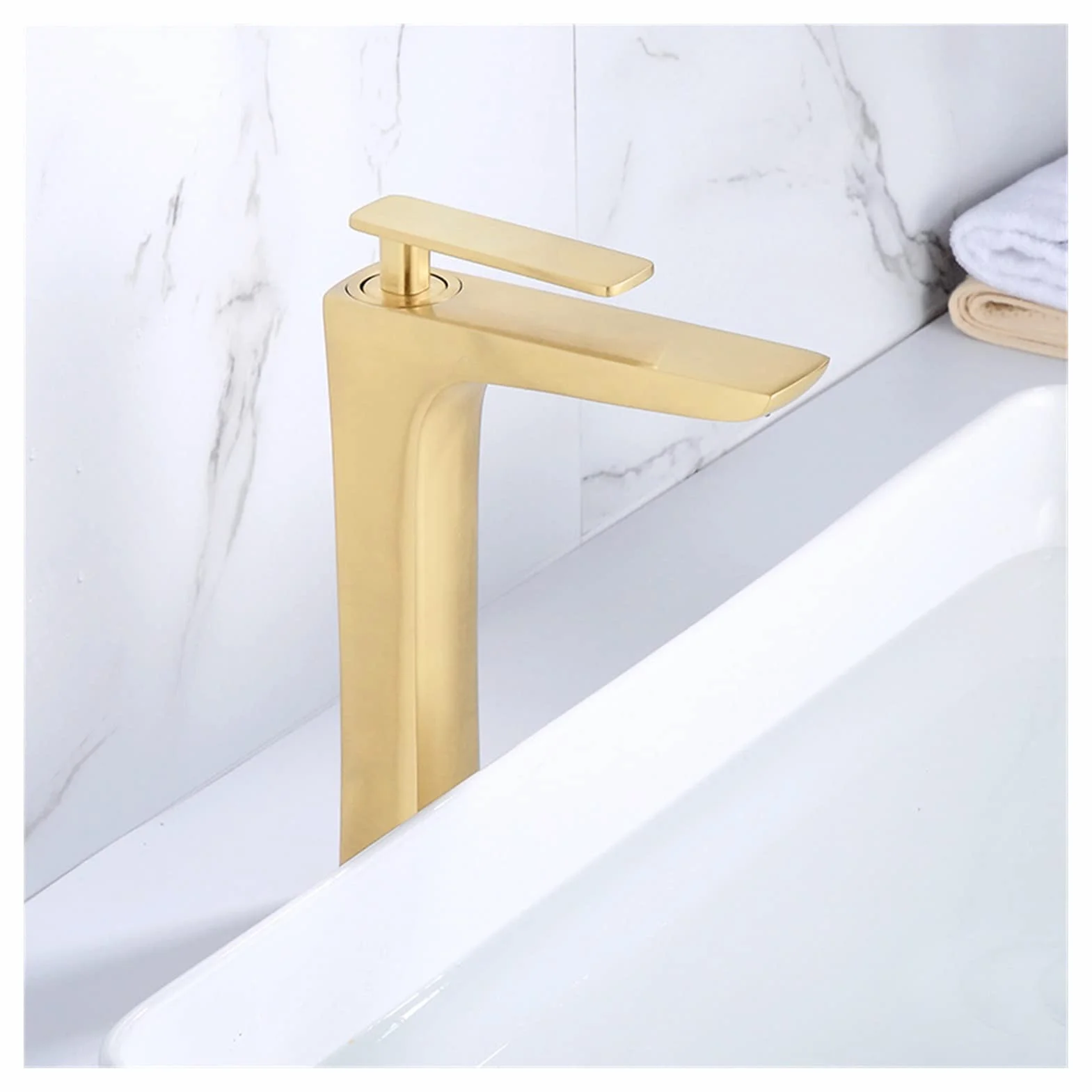Elastyczny kran Obrotowy, Baterie Eleganckie szczotkowane złoto bateria łazienkowa Hot and Cold Water Basin Mikser Tap Mosiądz WC Żuraw wodny(Brushed gold short)