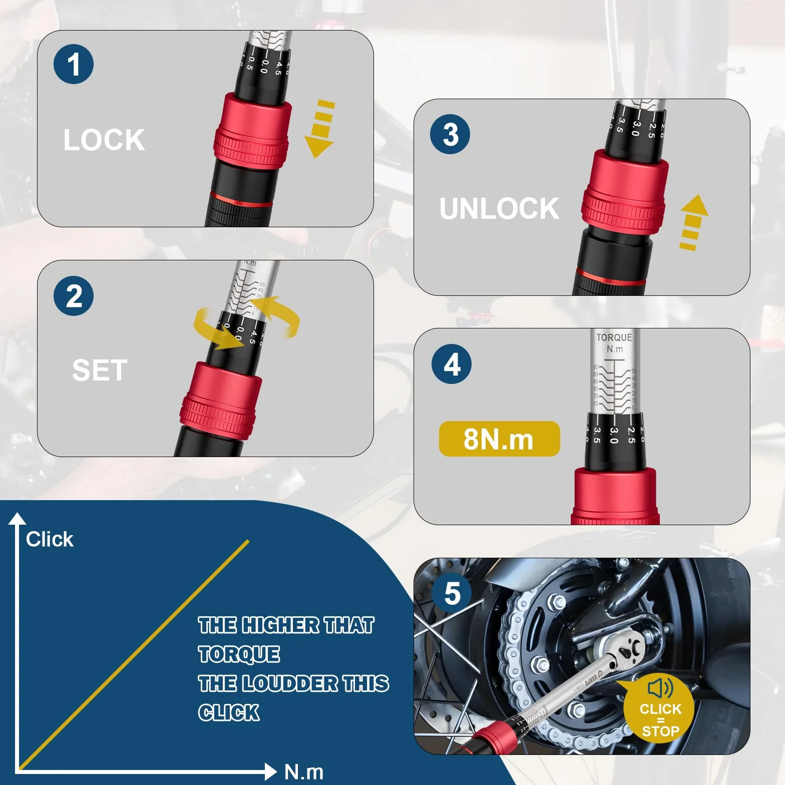 VANPO Klucz dynamometryczny 3/8", 5-60 Nm zestaw kluczy dynamometrycznych do roweru i motocykla, z drążkiem przedłużającym 125 mm, adapterem 3/8"-1/4" do wymiany świecy zapłonowej