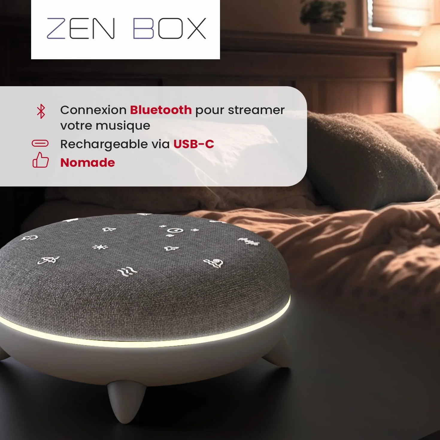 TERRAILLON ZEN BOX Biała Maszyna do Szumów z 7 Kojącymi Dźwiękami Bluetooth 8 Jasnych Nastrojów 30-60-90 min USB-C