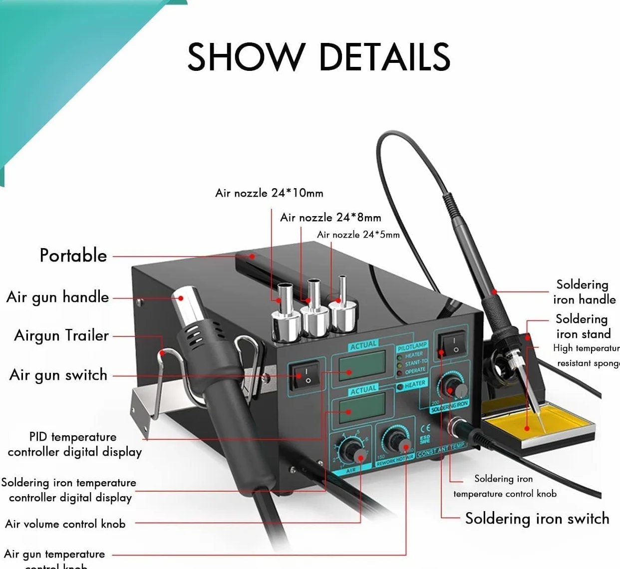 Inteligentna Stacja Lutownicza, Lutownica Na Gorące Powietrze 2 W 1 | Precyzyjna Kontrola Temperatury Za Pomocą Diod Led
