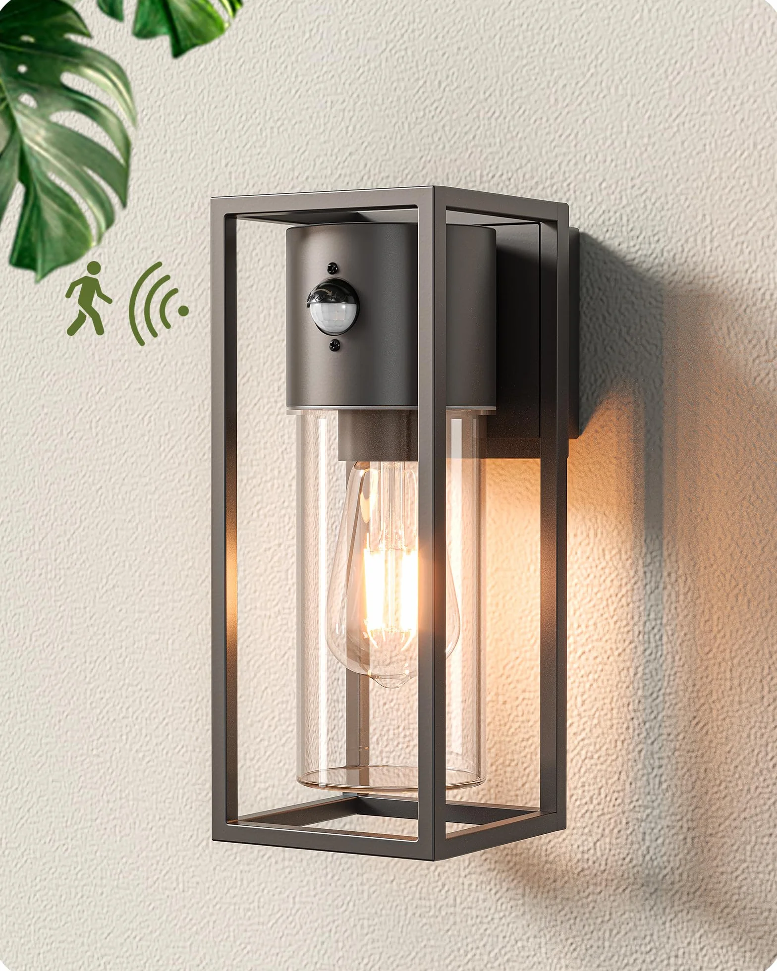 EDISHINE Zewnętrzna lampa ścienna z czujnikiem ruchu, gniazdo E27, wodoodporna IP44, lampa ścienna z aluminium i szkła hartowanego do ogrodu, na taras, fasadę, żarówki nie są dołączone, antracytowa