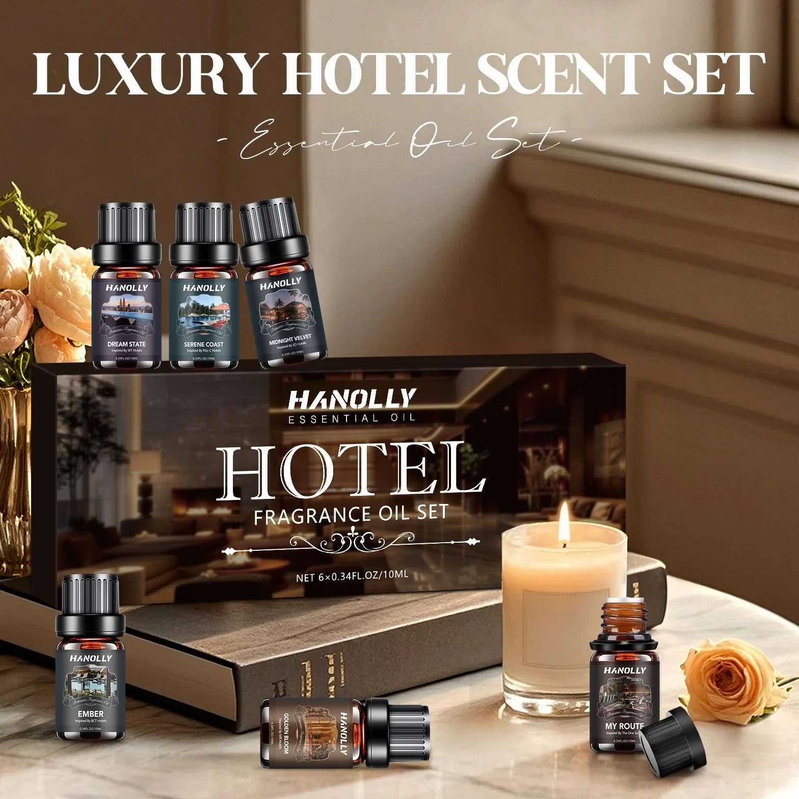 Hanolly Zestaw Olejków Eterycznych Hotel, 6 x 10ml Luksusowych Olejków Zapachowych Do Dyfuzorów – Moja Droga, Spokojne Wybrzeże, Aksamit Północy, Złoty Kwiat, Marzenie O Przyszłości, Żar
