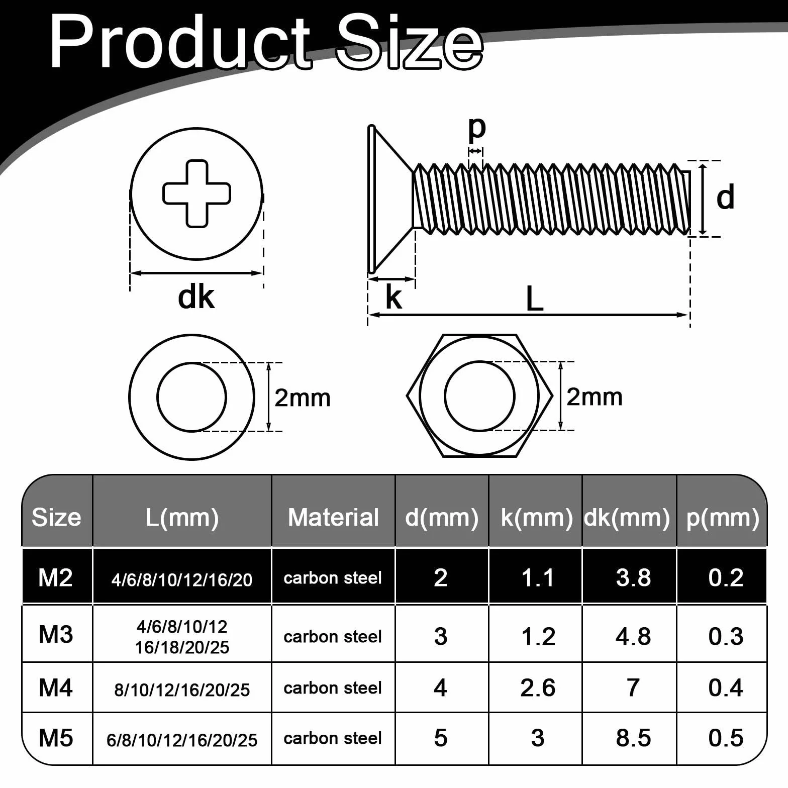 60 sztuk M2x20mm Zestaw śrub i nakrętek, czarne śruby z łbem krzyżowym z płaskim łbem krzyżowym i nakrętki i podkładki zestaw ze stali węglowej do mebli, maszyn