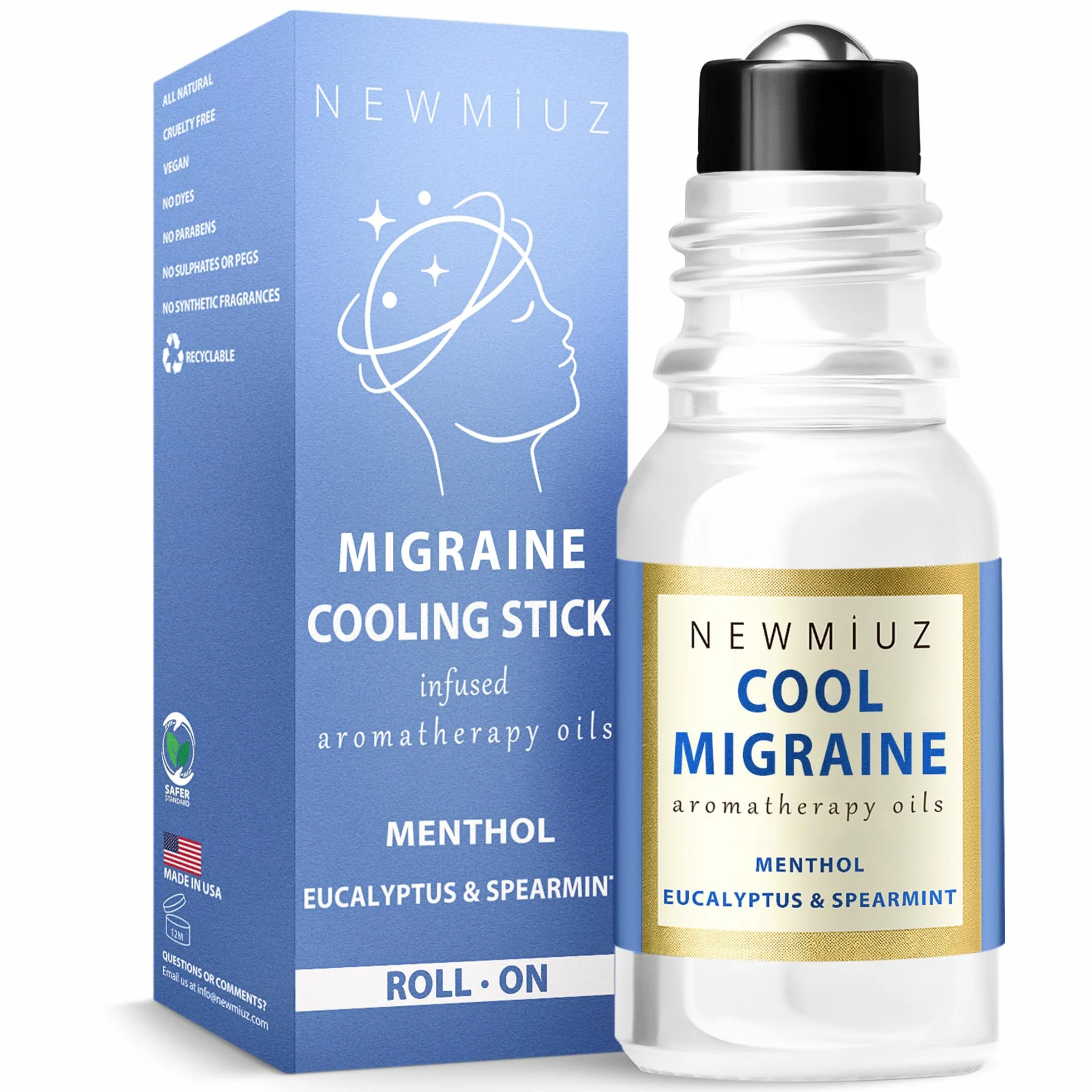 Cooling Menthol Migraine Roll-On Stick Peppermint Eucalyptus Aroma Therapy Essential Oils Headaches