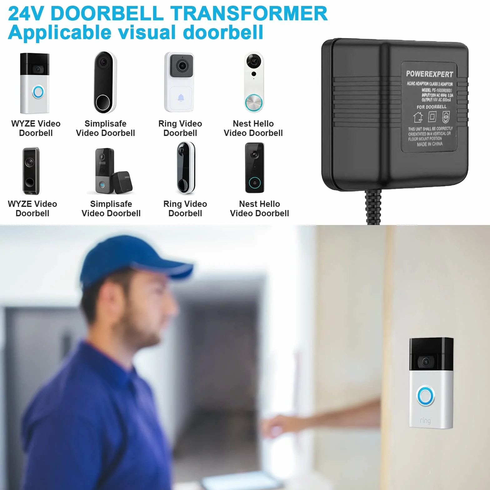 Transformator dzwonka 24 V/500 mA Zasilacz zasilacza, kabel transformatora, Zasilacz pasuje do dzwonka do drzwi wideo, Ring Video Doorbell 2 (5M)