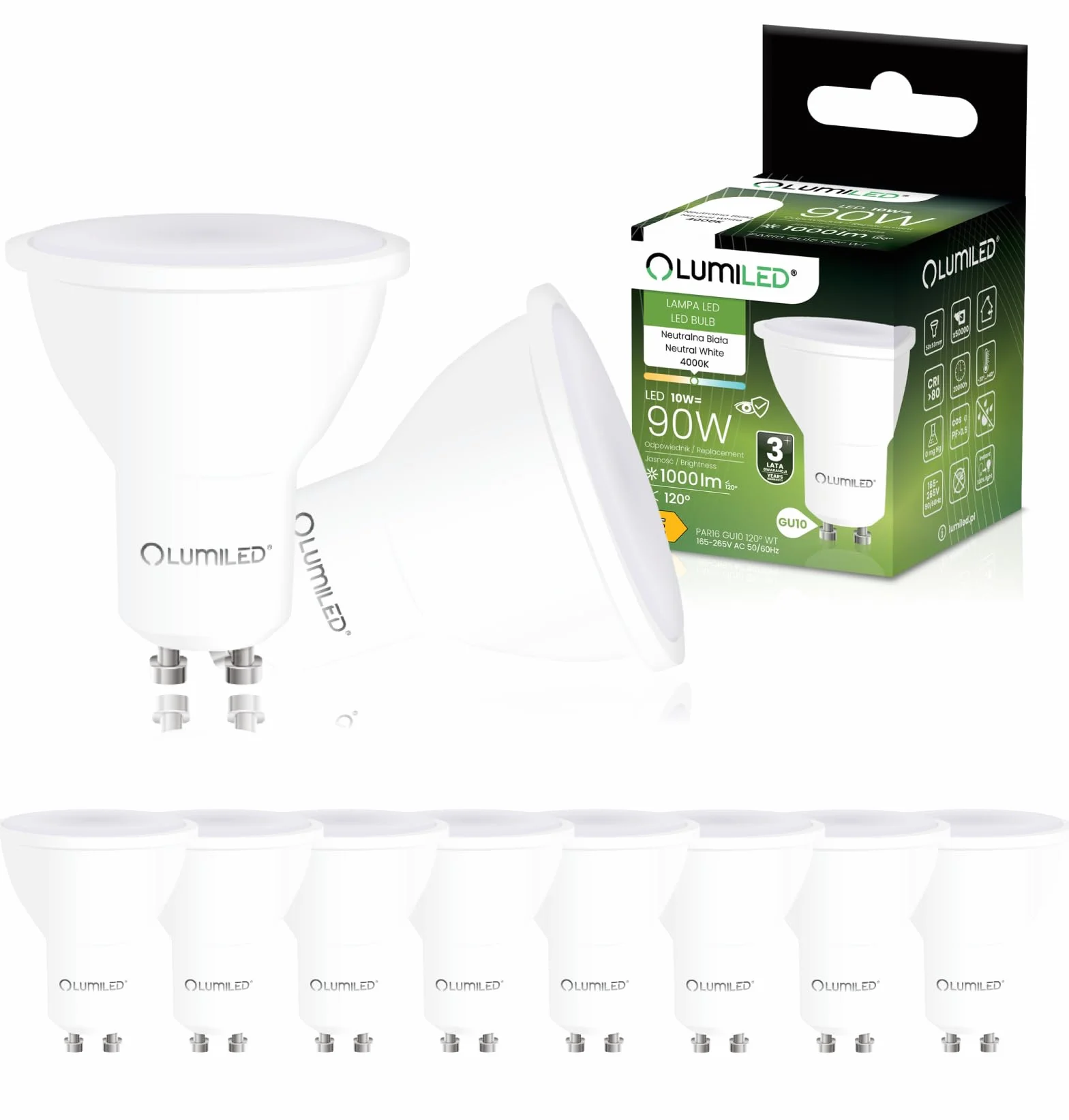 Lumiled Żarówka LED GU10 Reflektor PAR16 10W = 90W 1000lm 4000K Neutralna biel 120° Energooszczędna Zestaw 10 sztuk