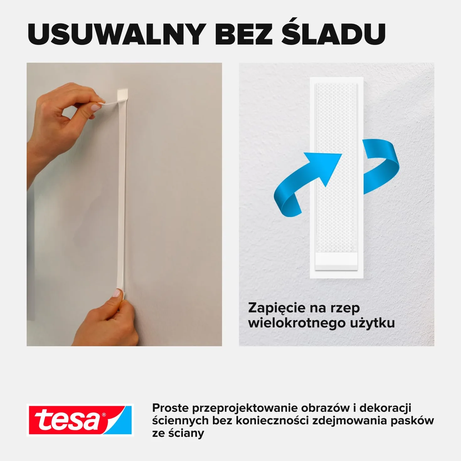 tesa Powerstrips CLICK samoprzylepne paski do mocowania i odczepiania ramek na zdjęcia i dekoracji ścian bez wiercenia, paski samoprzylepne z systemem zatrzaskowym ON i OFF, 6 x 2 m, 8 x 2 l