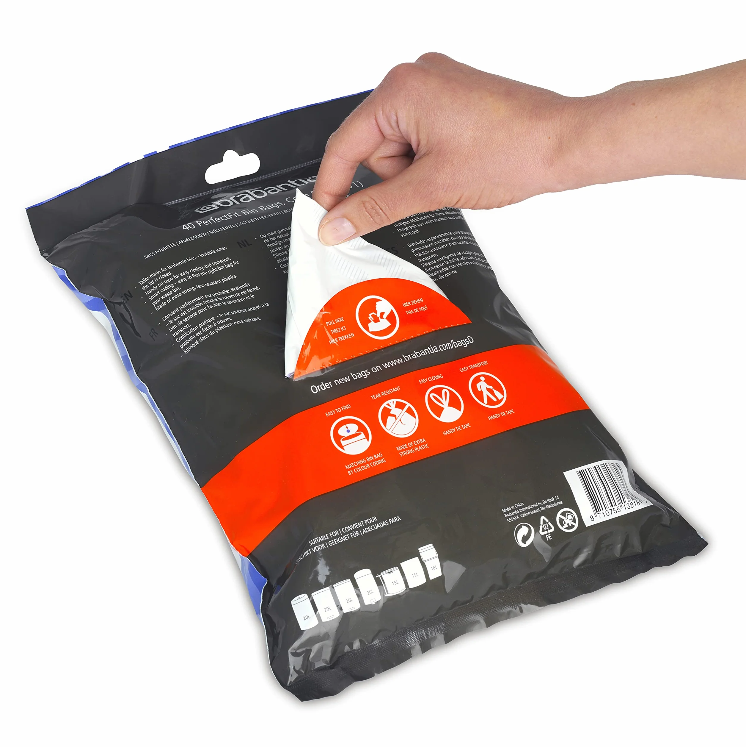 Brabantia PerfectFit Wkładki do pojemników (rozmiar D/15-20 litrów) Grube plastikowe worki na śmieci z uchwytami ze sznurkiem do wiązania (40 torebek)