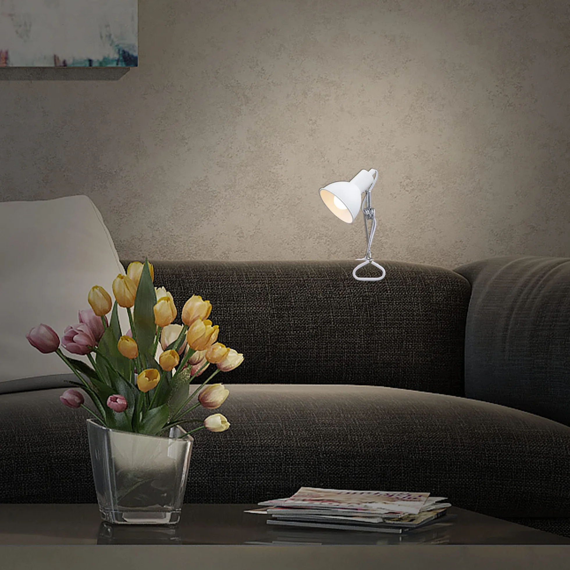 BRILONER – Lampa zaciskowa LED | 1x E14, maks. 8W | Z przełącznikiem kablowym | Głowica obrotowa i wychylna | Lampa biurkowa, lampka stołowa | Metal biały chrom | 305x110x130 mm