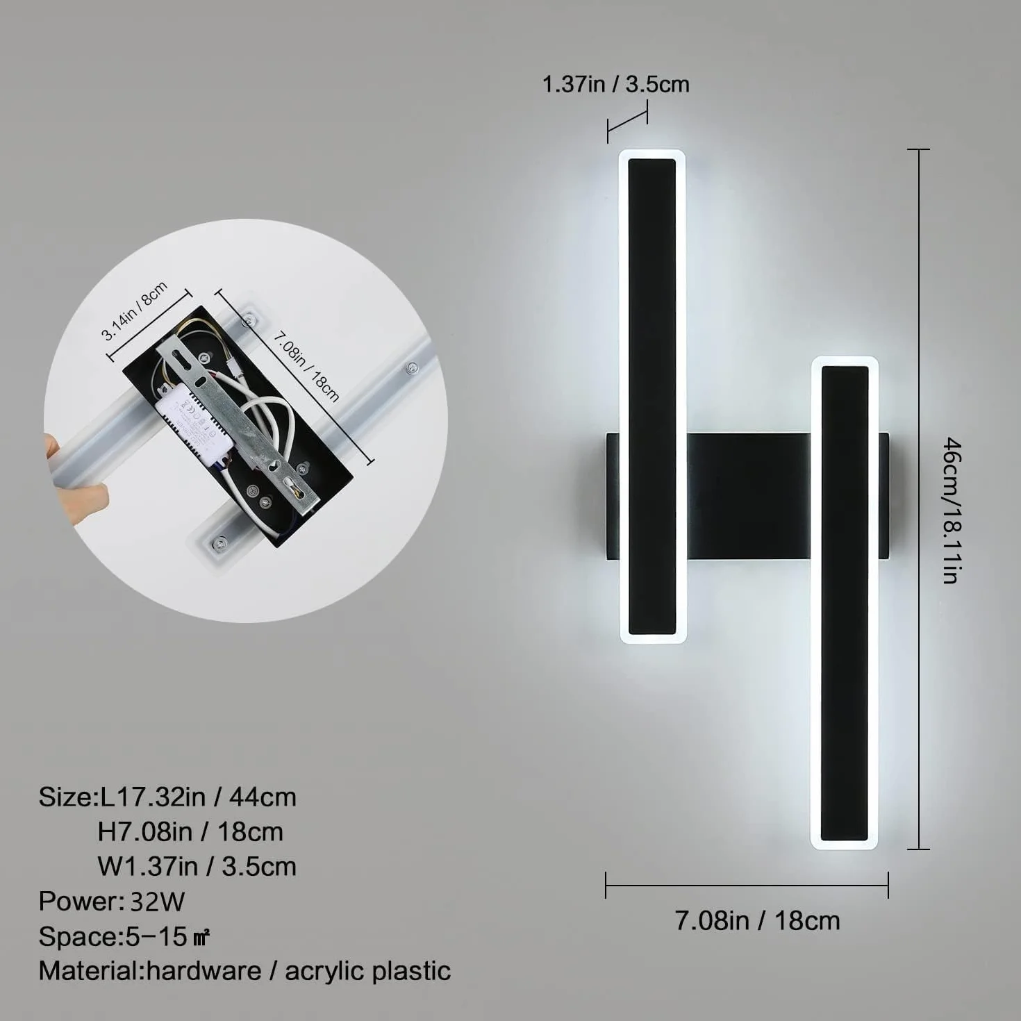 Comely Kinkiet Wewnętrzny LED, 32W 3600LM Czarna Nowoczesna Lampa Ścienna, 3 Temperatury Barwowe Oświetlenie Wewnętrzne Lampa Nocna Ledowa Lampa Ścienna Do Salonu Sypialni Biura Schodów